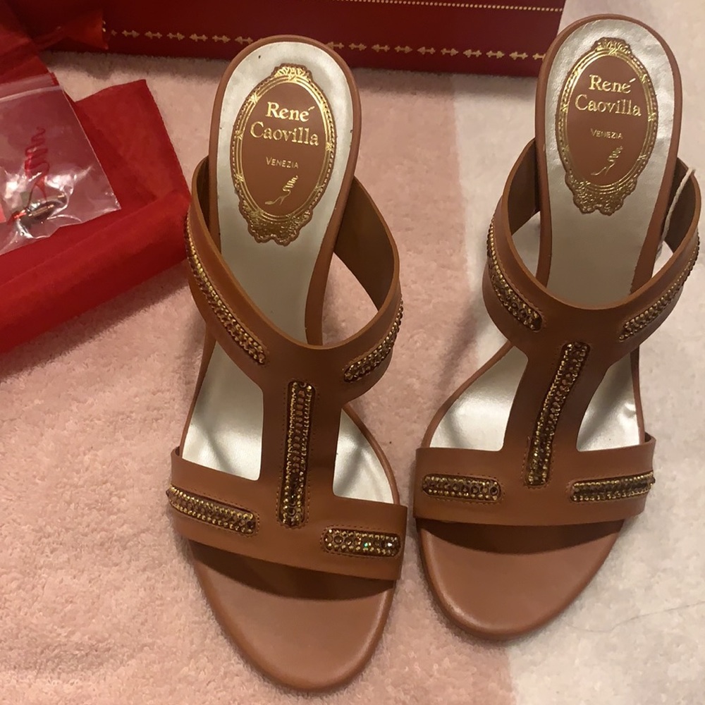 Rene Caovilla Calf brown peep toe heels